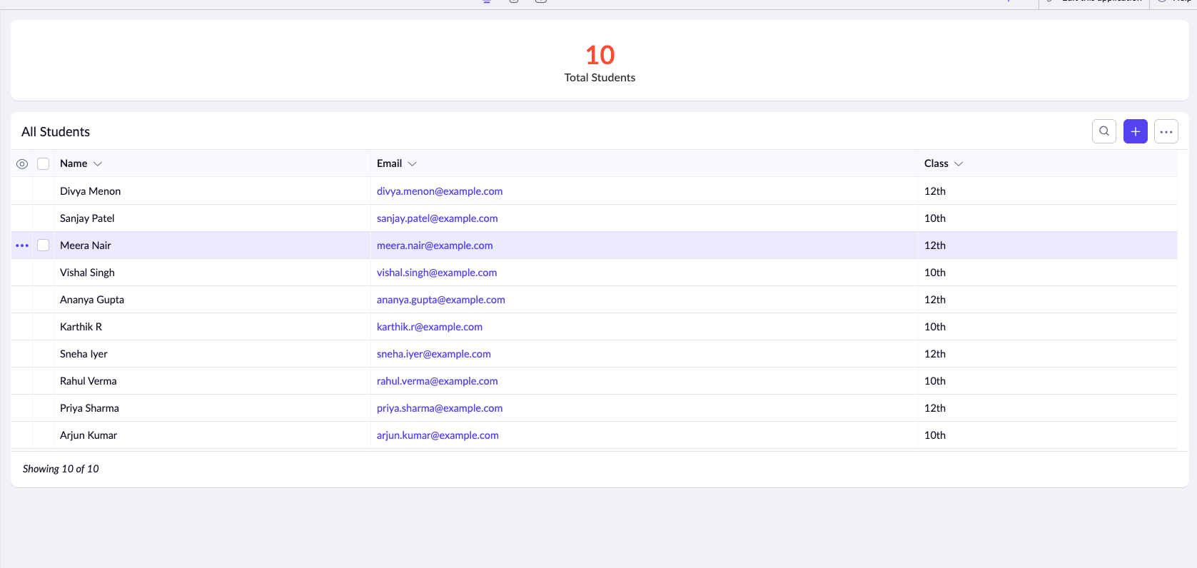 Zoho Creator embedded report showing all students