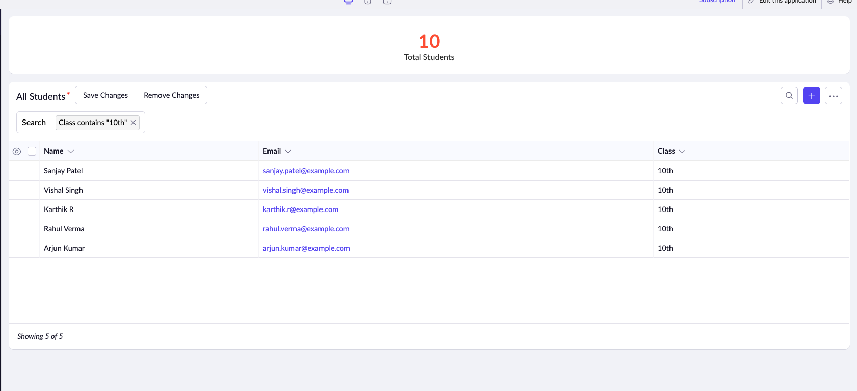 Zoho Creator report with filter applied showing only 10th class students